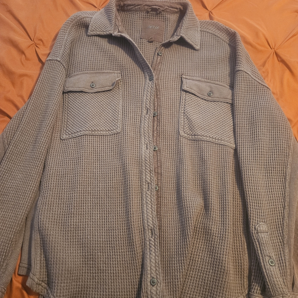 Aerie Womens Waffle Knit Button-Up Shirt Jacket - Taupe